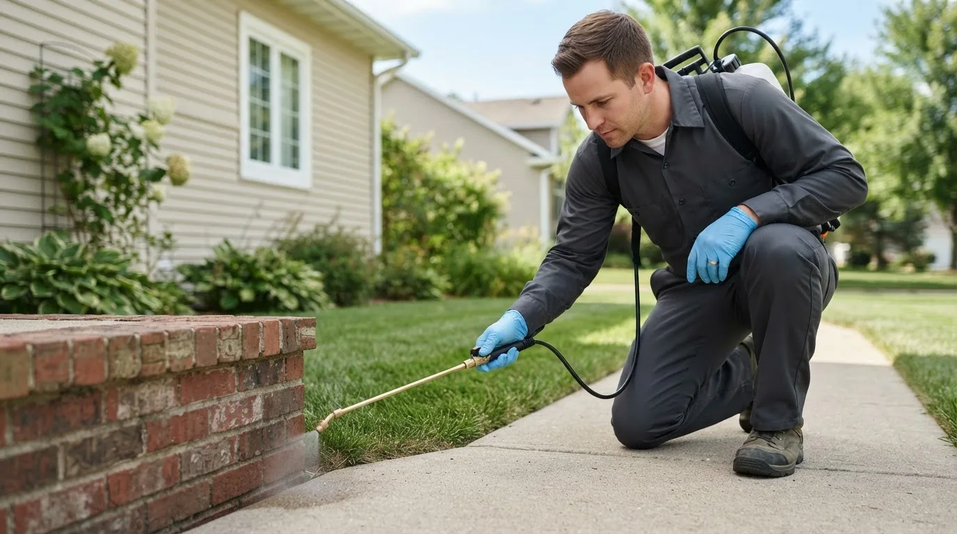 Pest control technician treating a home near Mckenzie, AL